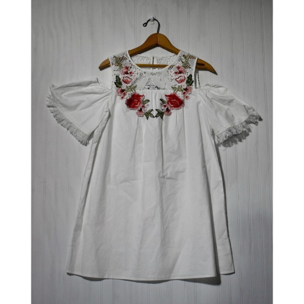 Verty White Cold Shoulder Dress Floral Embroidered Lace Trim Small